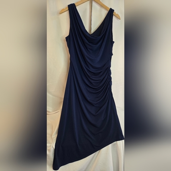 Sam Edelman Cowl Neck Ruched Jersey Midi Dress | Size LARGE Navy Blue - Picture 1 of 15